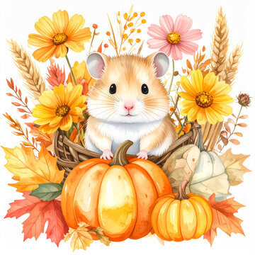 Cute baby hamster with pumpkins and autumn flowers watercolor illustration