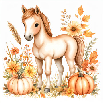 Cute baby horse with pumpkins and autumn flowers watercolor illustration