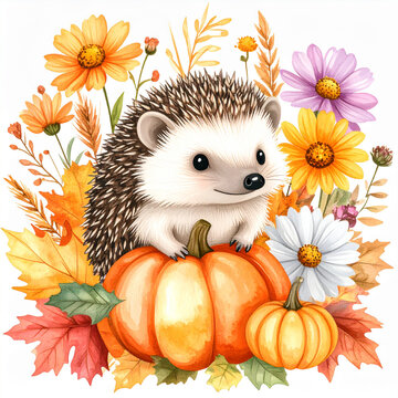 Cute baby hedgehog with pumpkins and autumn flowers watercolor illustration