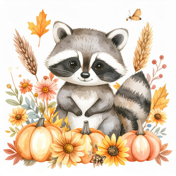 Cute baby raccoon with pumpkins and autumn flowers watercolor illustration