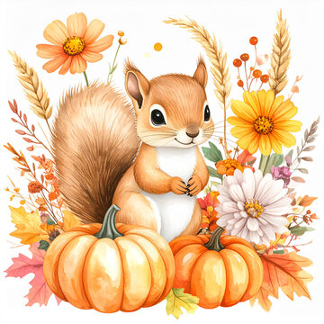 Cute baby squirrel with pumpkins and autumn flowers watercolor illustration