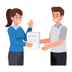 Document Exchange: A visual depiction of a woman handing over a stack of documents to a man. conveying transaction and communication, showing the essence of collaboration.