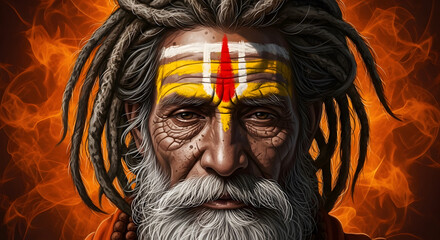 Intense portrait of a wise Hindu Sadhu holy man