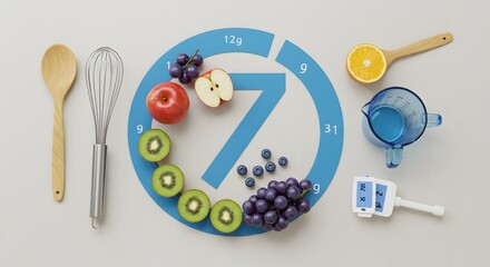 Diabetes Awareness Concept with Fruits, Glucose Meter and Cooking Tools