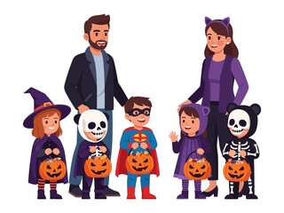 Happy Family on Halloween night: A family is seen together dressed in diverse costumes with vibrant jack-o'-lanterns.