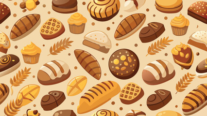 Seamless pattern of cartoon breads pastries and wheat ears on beige background pastry