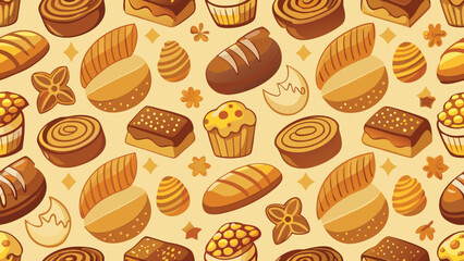 Seamless pattern of assorted baked goods and pastries with stars bread pastry