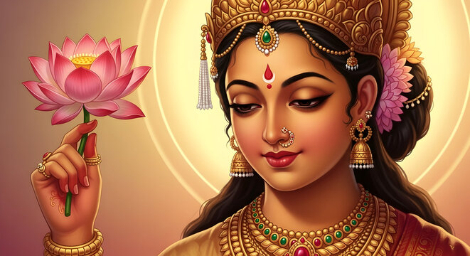 Goddess Lakshmi holding a lotus flower with a divine halo