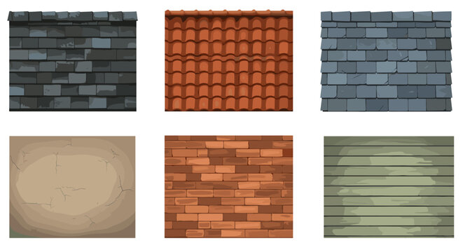 Collection of six distinct textured surfaces including slate tiles clay roof tiles stone brick and wood planks isolated on transparent background