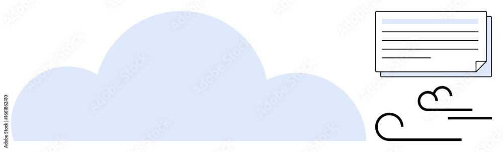 Poster large cloud with flowing wind lines and a document sheet symbolize communication, data sharing, and 