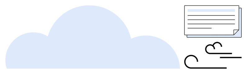 Large cloud with flowing wind lines and a document sheet symbolize communication, data sharing, and streamlined storage. Ideal for technology, collaboration, cloud computing, digital communication