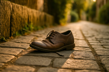 Brown leather shoe resting on cobblestone pathway at sunset