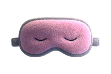 Plush pink sleep mask with embroidered eyes on transparent background, ideal for rest