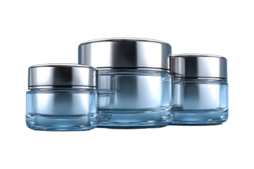 Elegant cosmetic containers in cool blue and silver tones against a transparent backdrop