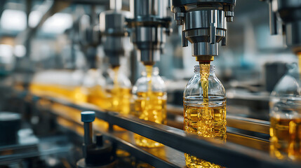 Close up shot of plastic bottles being filled with sunflower oil inside a modern sunflower oil processing factory, industrial filling nozzles dispensing oil into aligned plastic bottles on a conveyor 