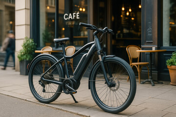 Fototapeta premium Modern electric bike parked outside a stylish café