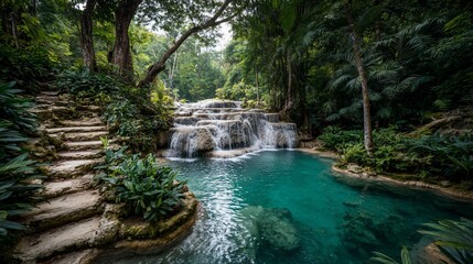 Tropical Waterfall Scene in Lush Green Jungle with Clear Blue Pool