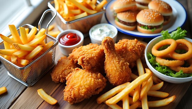 Delicious spread of fried chicken french fries onion rings and mini burgers with dipping sauces