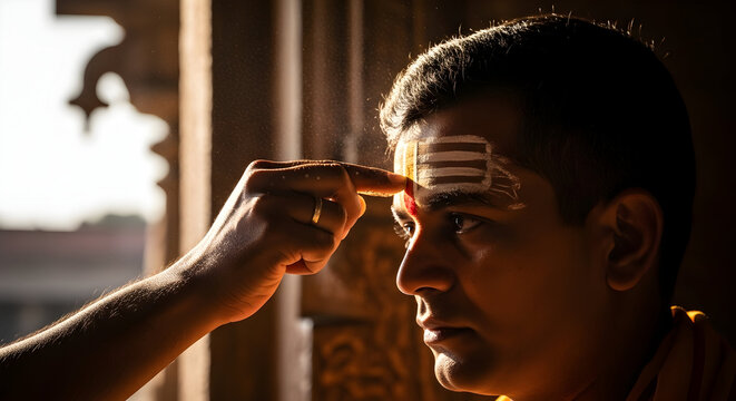 Hindu devotee receiving sacred tilak on forehead symbol of faith and spiritual beliefs in hinduism india