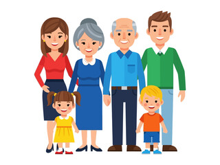 Happy Family Portrait: A heartwarming illustration depicting a loving multi-generational family, standing together and radiating warmth and affection, a testament to family values and togetherness.