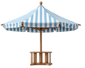 Blue white striped beach umbrella with wooden pole and base, outdoor sunshade tent for summer relaxation, coastal accessory for shade and comfort, cheerful vacation vibe