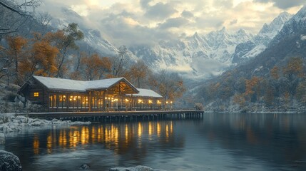Fototapeta premium Snow-Covered Lakeside Lodge with Mountain View
