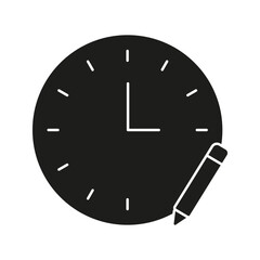 Clock With Pencil Solid Icon. Time Management, Scheduling, And Planning Silhouette Symbol. Productivity And Organization. Isolated Vector Illustration