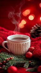Cozy up this winter with a steaming cup of coffee wrapped in a knitted cozy, surrounded by festive elements such as red ornaments and pinecones, creating a warm atmosphere.