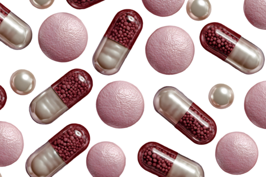 Pharmaceutical pattern featuring pink pills and capsules on a transparent background