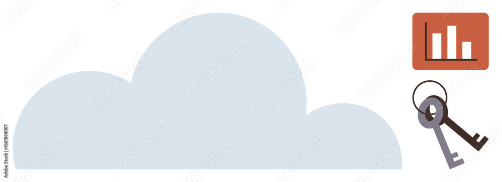 Poster light blue cloud representing storage, two keys symbolizing security, and a bar graph for data analy