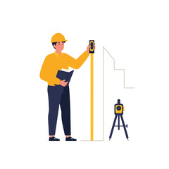 A professional male surveyor in a yellow hard hat meticulously measures a construction site using advanced leveling equipment, ensuring precise architectural development.