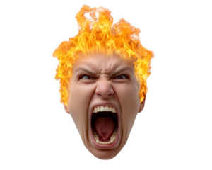 Angry face with fiery hair open mouth emotional expression isolated on transparency background digital art intense dramatic surreal concept creative illustration