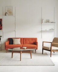 Scandinavian living room with orange sofa, wooden armchair, and coffee table in minimalist design. home decor.