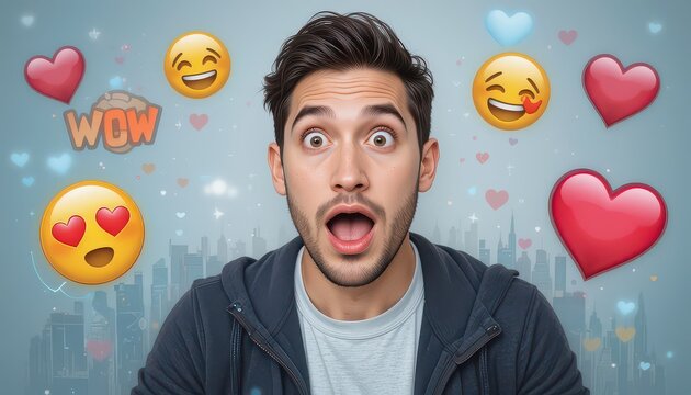 Man with surprised expression surrounded by emojis and hearts on a light blue background with a city skyline