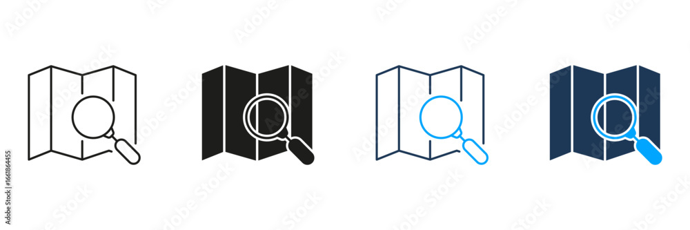 Poster map with magnifying glass line and solid icon set. location search, navigation, and exploration symb