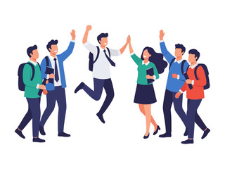 Fototapeta premium College Student High-Five Scene: Illustrative flat design depicts college students in vibrant motion, capturing the excitement and camaraderie of academics.
