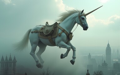 A colossal steampunk unicorn floats above a city shrouded in mist. High quality