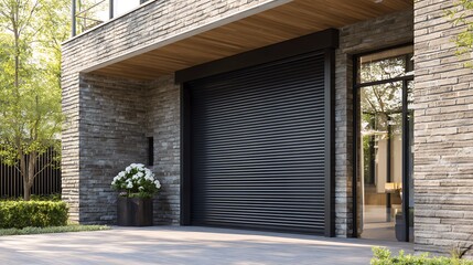Modern Garage Door with Roller Shutter and Brick Exterior View