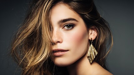 Fototapeta premium The head of a charming young woman with light brown hair, dark roots, and a gradient effect, looking directly at the camera against a simple gray background.