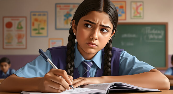 A thoughtful Indian schoolgirl in uniform looking up from her notebook while studying a depiction of childhood education and concentration