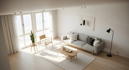 Fototapeta premium Bright Modern Minimalist Living Room Interior with Scandinavian Style Furniture and Abundant Natural Light