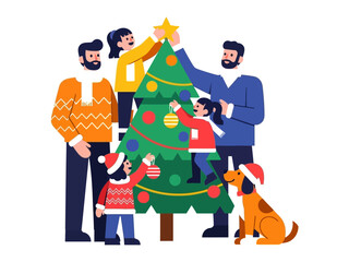 Family Festivities: A cheerful family gathering around a Christmas tree, decorating with festive ornaments and star in preparation for a holiday season.