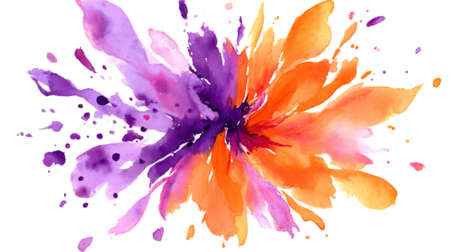 Abstract watercolor floral splash in vibrant orange and purple tones on white background. 