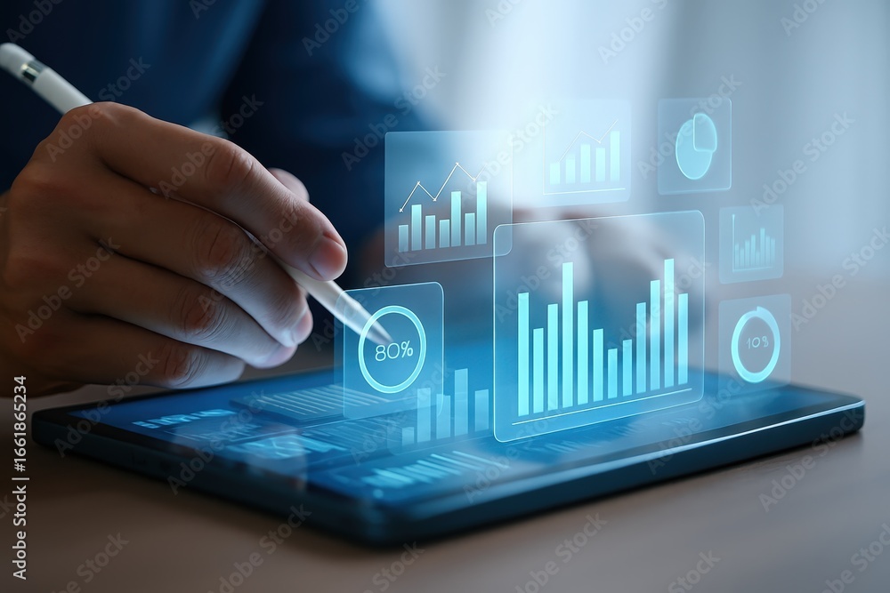 Poster a person interacts with a digital tablet displaying various data visualizations, highlighting progre