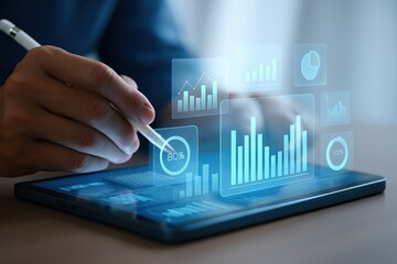 A person interacts with a digital tablet displaying various data visualizations, highlighting progress and information.