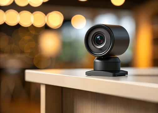 Modern black webcam with wide angle lens on a wooden table
