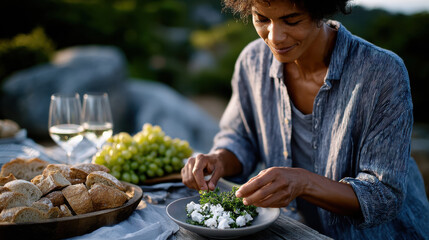 A woman meticulously prepares a fresh salad with greens and cheese outdoors, showcasing the joy of cooking and the beauty of outdoor dining with friends and nature.