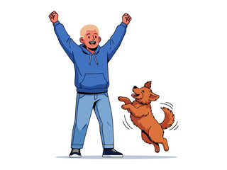 Joyful Reunion: A cheerful young man joyfully reunites with his playful canine companion in this vivid illustration, capturing the heartwarming connection between humans and animals.