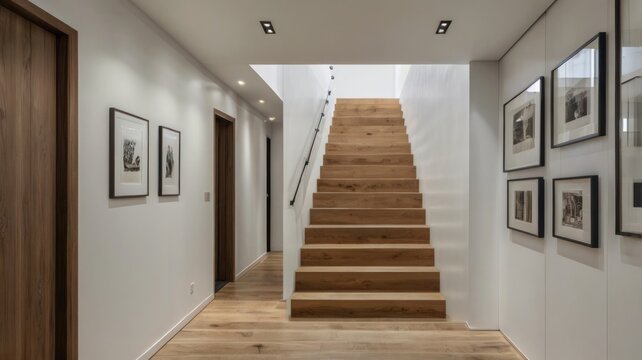 Sleek Modern Hallway Featuring a Warm Oak Staircase and Curated Art Gallery