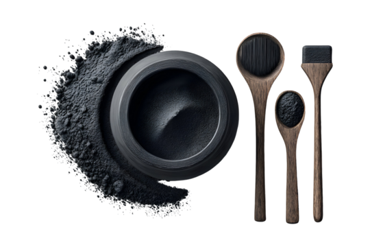 Dramatic presentation of activated charcoal powder with wooden spoons on transparent background